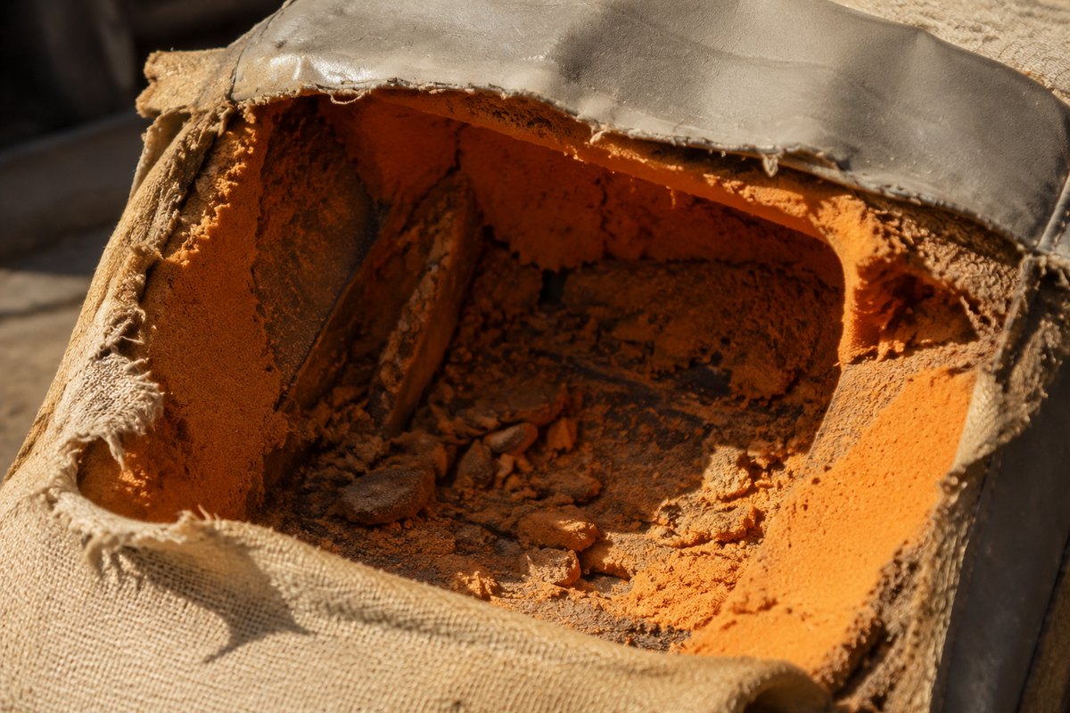 Geöffnetes altes Sitzkissen mit zerfallenem, krümeligem orangefarbenem Schaum und aufgerissenem Jutegewebe.
