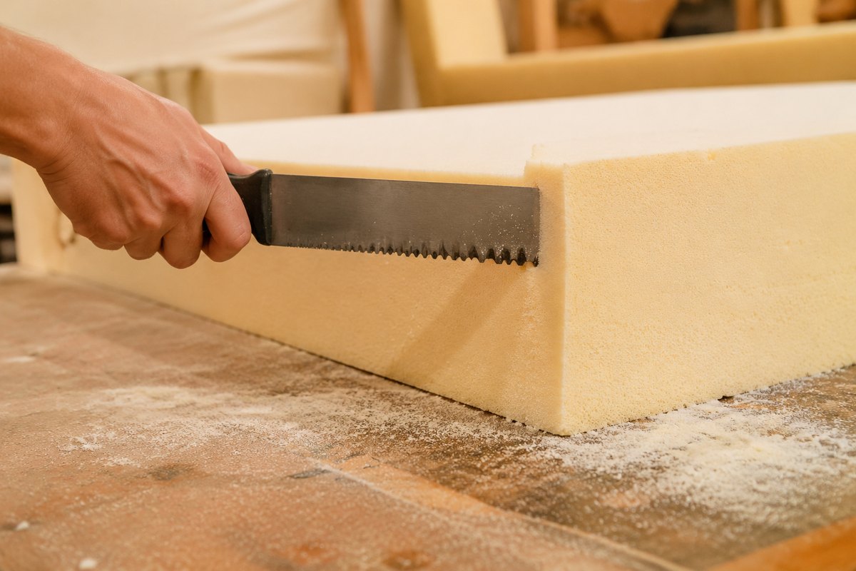 Eine Hand führt eine lange Wellenschliffsäge durch einen dicken Block hellgelben Polsterschaum.