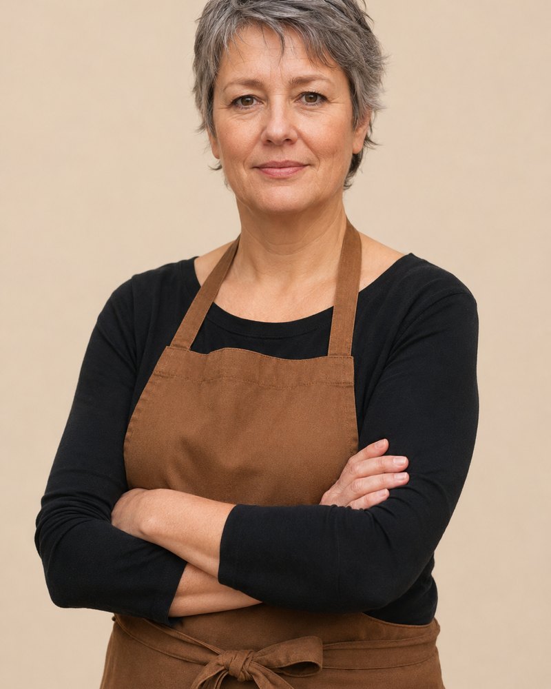 Porträt einer Frau von etwa 52 Jahren mit kurzem grauen Haar in einer braunen Arbeitsschürze.